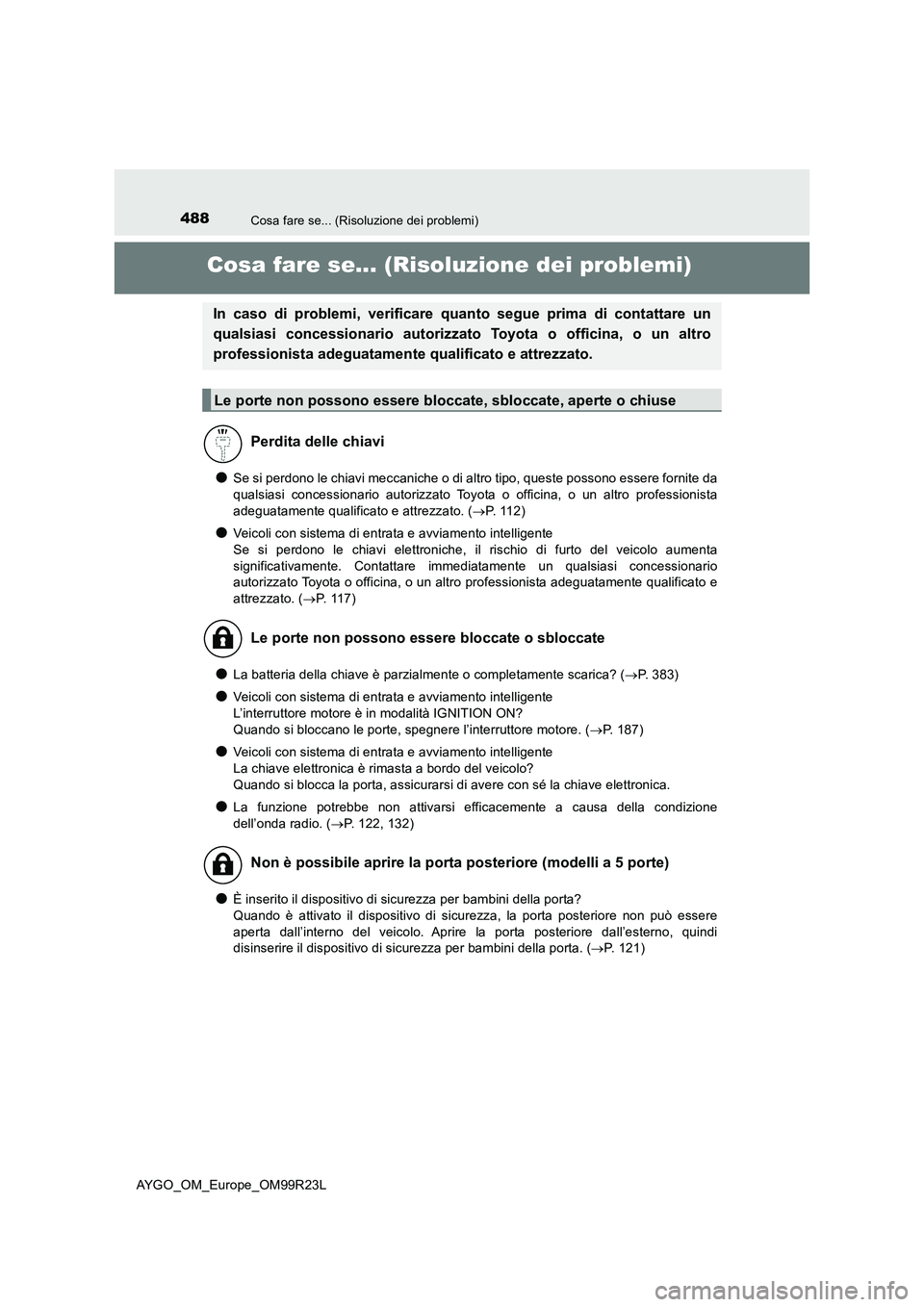 TOYOTA AYGO 2019 Manuale duso (in Italian) 488Cosa fare se... (Risoluzione dei problemi)
AYGO_OM_Europe_OM99R23L
Cosa fare se... (Risoluzione dei problemi)
●Se si perdono le chiavi meccaniche o di altro tipo, queste possono essere fornite da TOYOTA AYGO 2019 Manuale duso (in Italian) 488Cosa fare se... (Risoluzione dei problemi)
AYGO_OM_Europe_OM99R23L
Cosa fare se... (Risoluzione dei problemi)
●Se si perdono le chiavi meccaniche o di altro tipo, queste possono essere fornite da