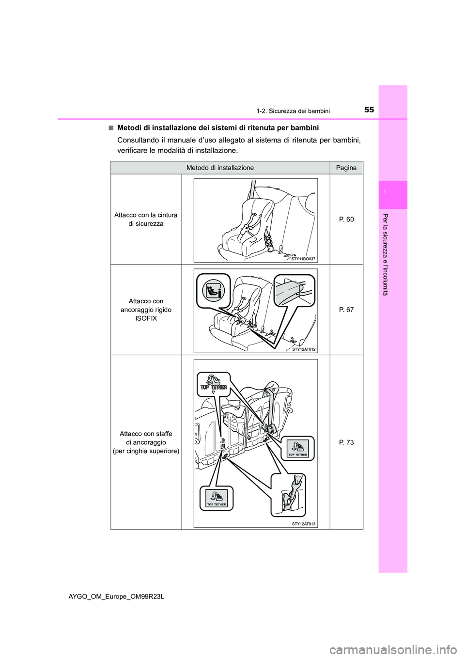 TOYOTA AYGO 2019  Manuale duso (in Italian) 551-2. Sicurezza dei bambini
1
Per la sicurezza e l’incolumità
AYGO_OM_Europe_OM99R23L 
■Metodi di installazione dei sistemi di ritenuta per bambini 
Consultando il manuale d’uso allegato  al s