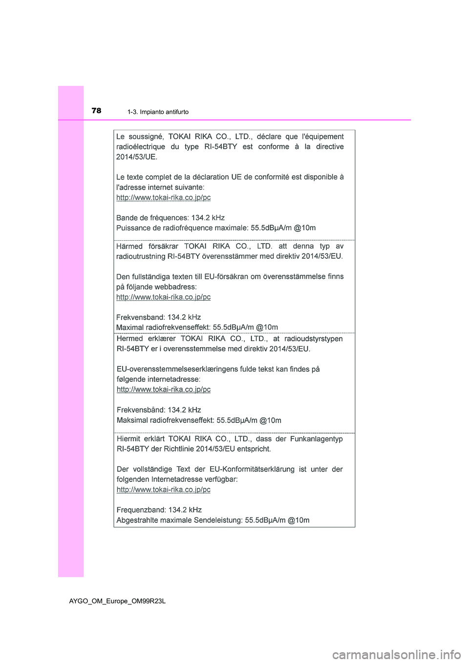 TOYOTA AYGO 2019  Manuale duso (in Italian) 781-3. Impianto antifurto
AYGO_OM_Europe_OM99R23L 
