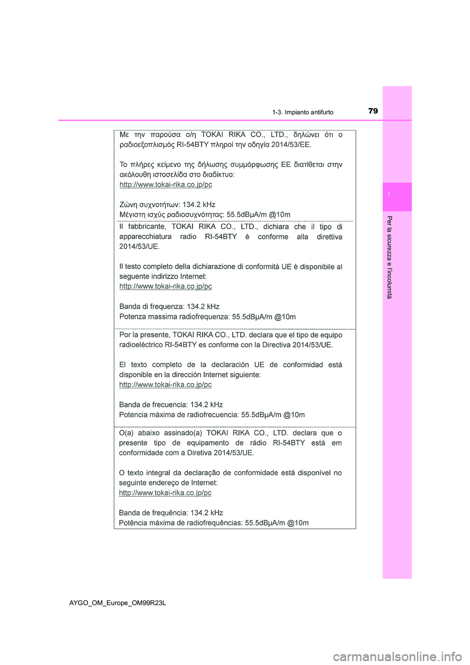 TOYOTA AYGO 2019  Manuale duso (in Italian) 791-3. Impianto antifurto
1
Per la sicurezza e l’incolumità
AYGO_OM_Europe_OM99R23L 