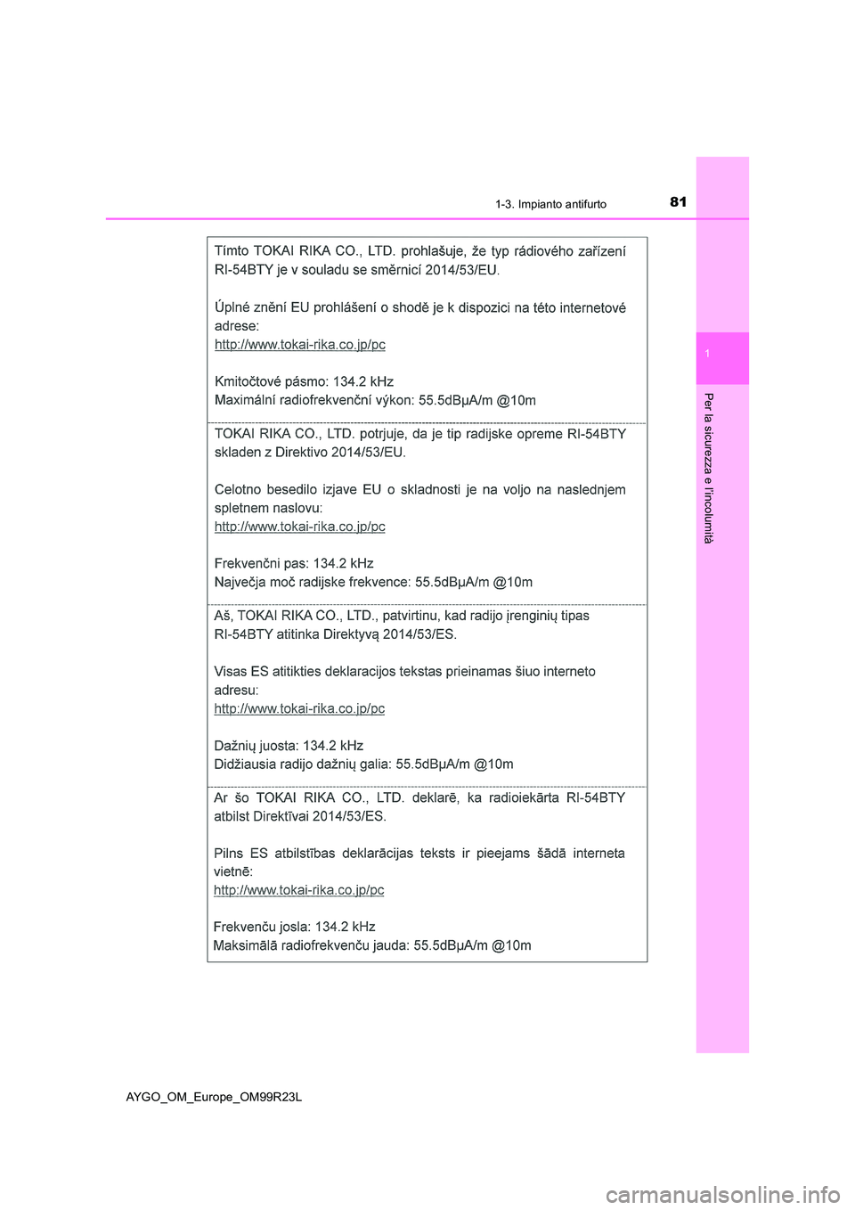 TOYOTA AYGO 2019  Manuale duso (in Italian) 811-3. Impianto antifurto
1
Per la sicurezza e l’incolumità
AYGO_OM_Europe_OM99R23L 