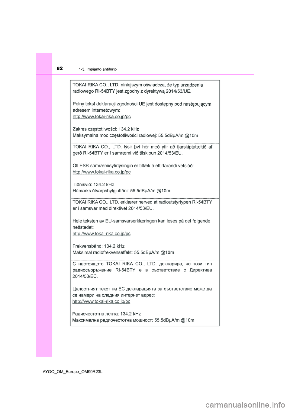 TOYOTA AYGO 2019  Manuale duso (in Italian) 821-3. Impianto antifurto
AYGO_OM_Europe_OM99R23L 