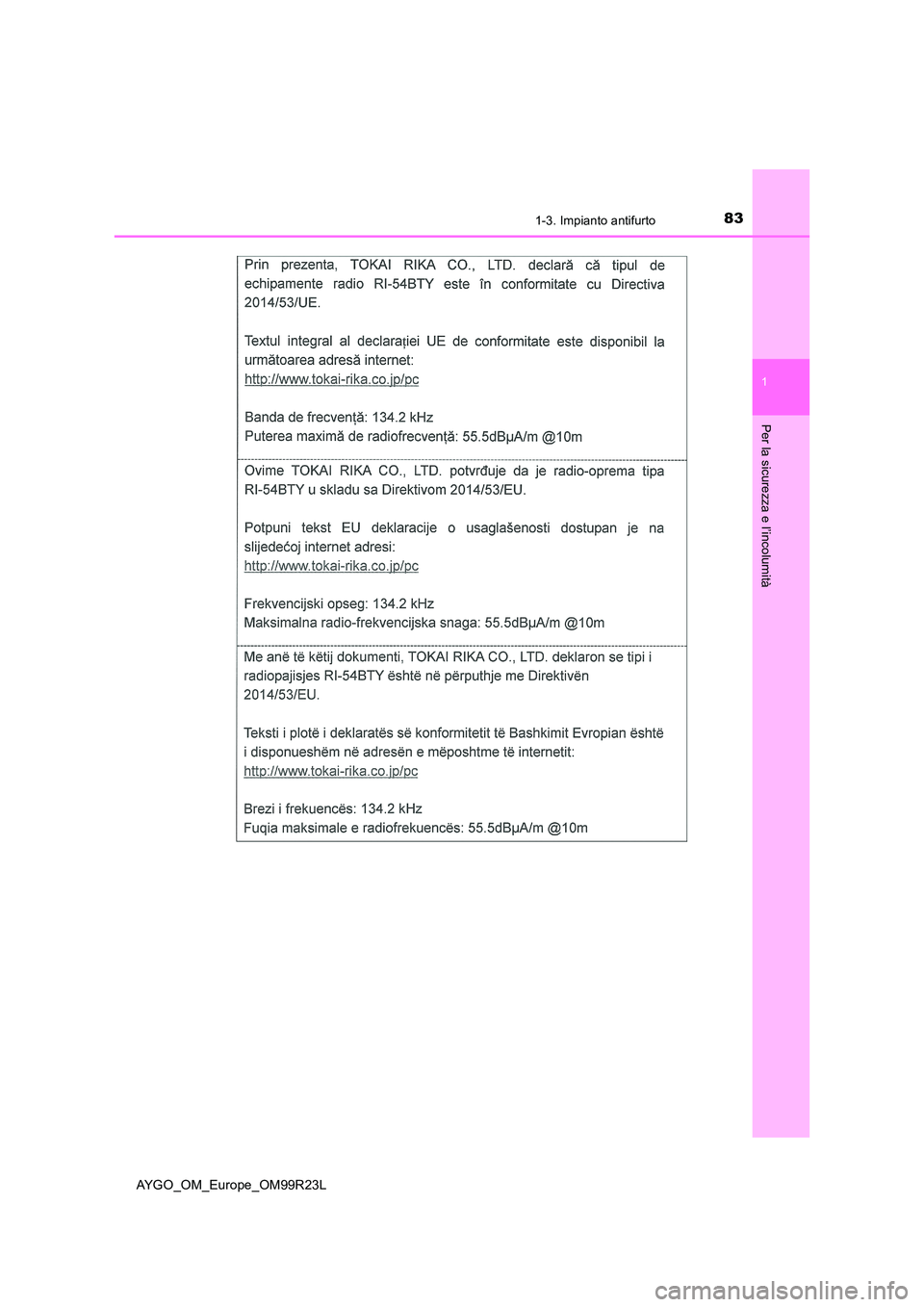 TOYOTA AYGO 2019  Manuale duso (in Italian) 831-3. Impianto antifurto
1
Per la sicurezza e l’incolumità
AYGO_OM_Europe_OM99R23L 