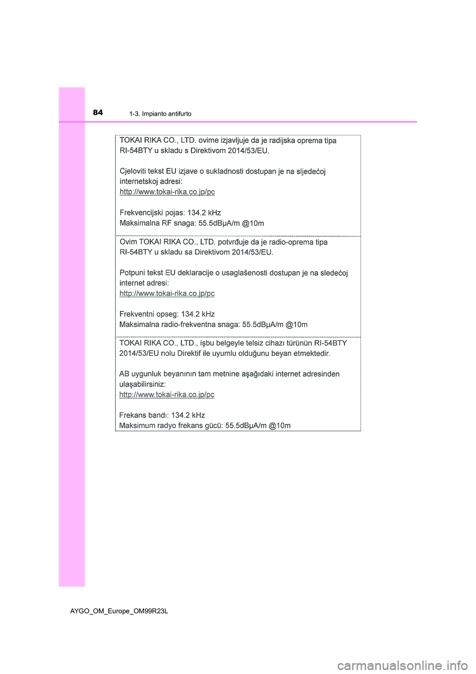 TOYOTA AYGO 2019  Manuale duso (in Italian) 841-3. Impianto antifurto
AYGO_OM_Europe_OM99R23L 