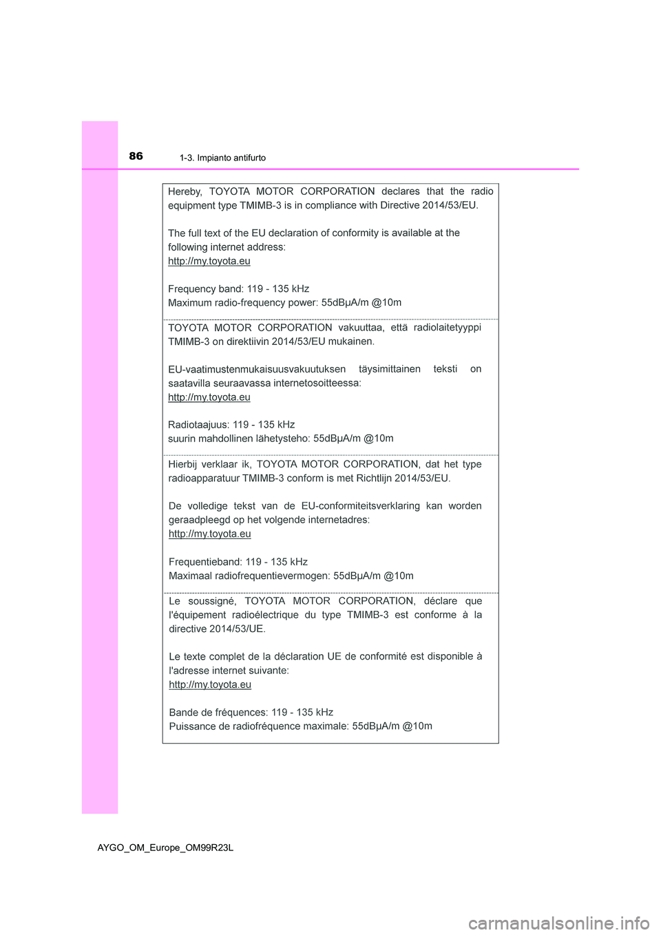 TOYOTA AYGO 2019  Manuale duso (in Italian) 861-3. Impianto antifurto
AYGO_OM_Europe_OM99R23L 