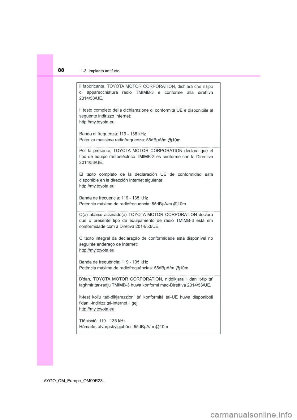 TOYOTA AYGO 2019  Manuale duso (in Italian) 881-3. Impianto antifurto
AYGO_OM_Europe_OM99R23L 