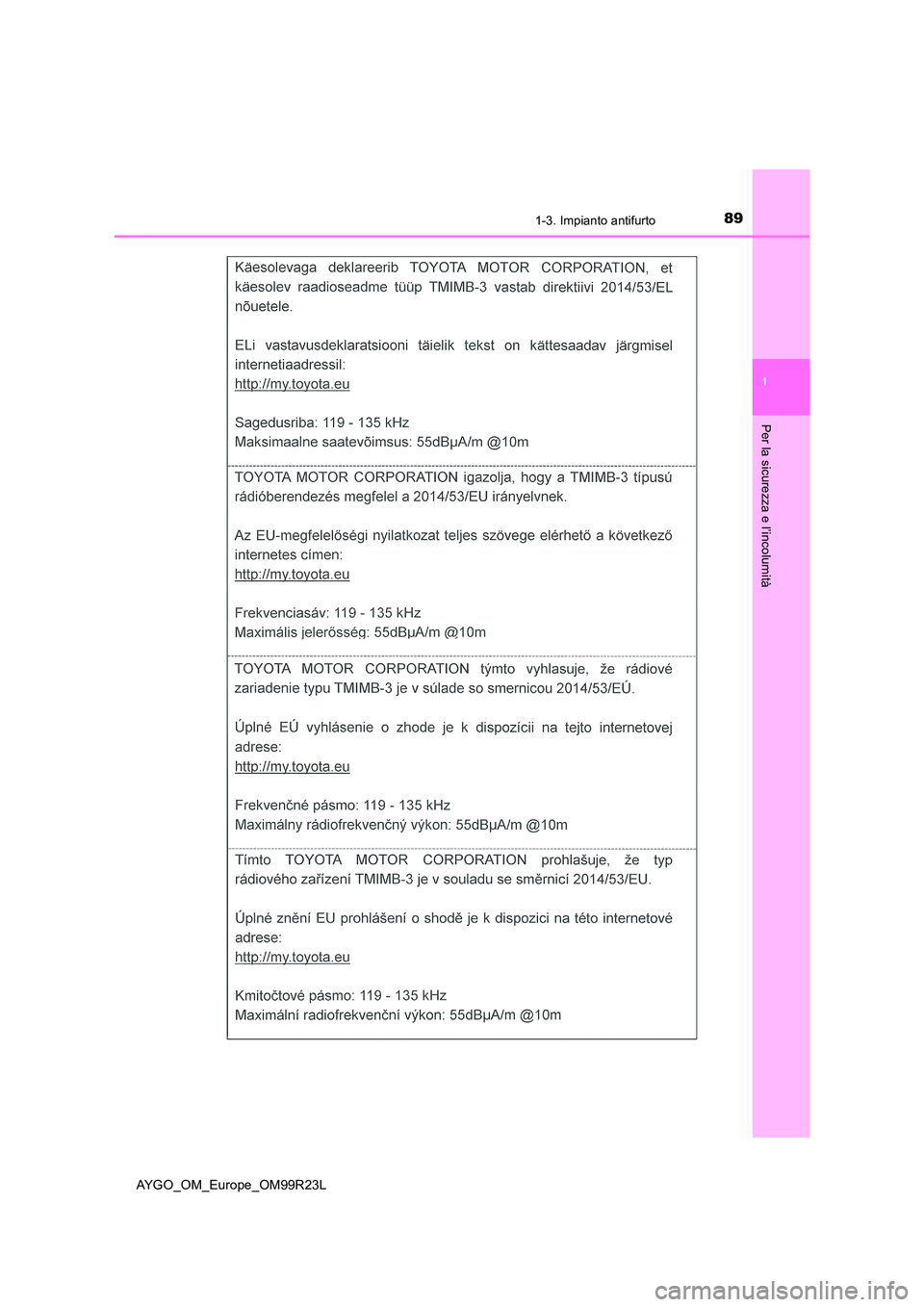 TOYOTA AYGO 2019  Manuale duso (in Italian) 891-3. Impianto antifurto
1
Per la sicurezza e l’incolumità
AYGO_OM_Europe_OM99R23L 