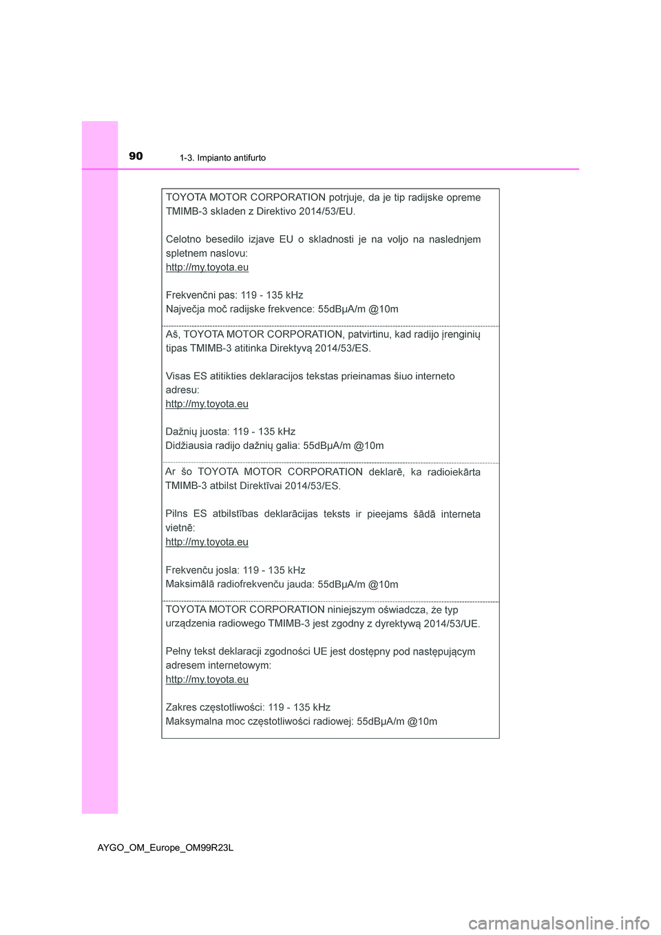 TOYOTA AYGO 2019  Manuale duso (in Italian) 901-3. Impianto antifurto
AYGO_OM_Europe_OM99R23L 