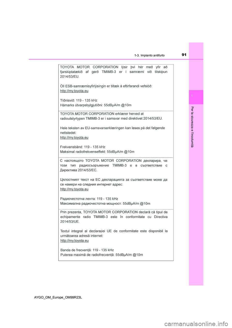 TOYOTA AYGO 2019  Manuale duso (in Italian) 911-3. Impianto antifurto
1
Per la sicurezza e l’incolumità
AYGO_OM_Europe_OM99R23L 