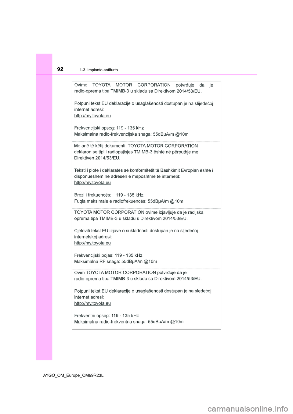 TOYOTA AYGO 2019  Manuale duso (in Italian) 921-3. Impianto antifurto
AYGO_OM_Europe_OM99R23L 