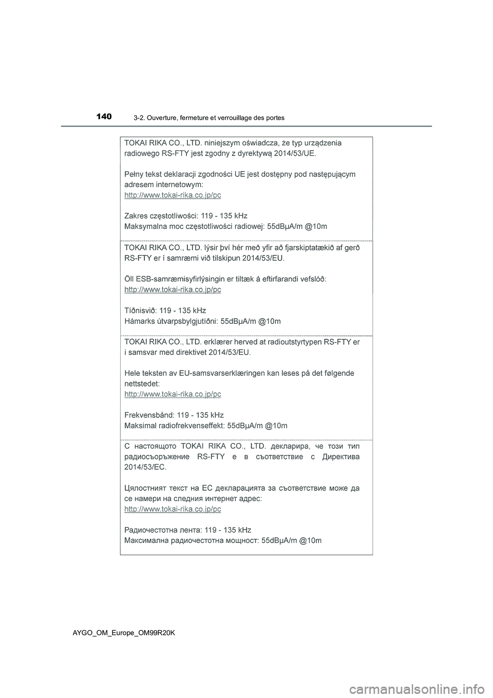 TOYOTA AYGO 2019  Notices Demploi (in French) 1403-2. Ouverture, fermeture et verrouillage des portes
AYGO_OM_Europe_OM99R20K 