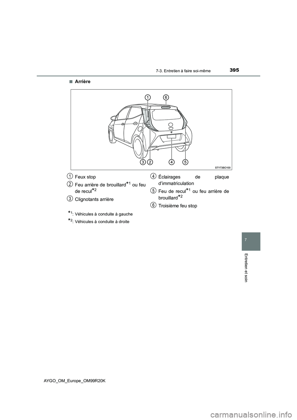 TOYOTA AYGO 2019  Notices Demploi (in French) 3957-3. Entretien à faire soi-même
7
Entretien et soin
AYGO_OM_Europe_OM99R20K 
■Arrière
*1: Véhicules à conduite à gauche
*2: Véhicules à conduite à droite
Feux stop 
Feu arrière de broui