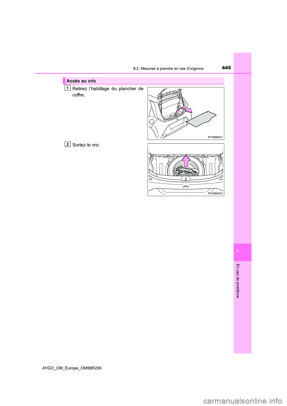 TOYOTA AYGO 2019  Notices Demploi (in French) 4458-2. Mesures à prendre en cas d’urgence
8
En cas de problème
AYGO_OM_Europe_OM99R20K
Retirez l’habillage du plancher de 
coffre. 
Sortez le cric.
Accès au cric 