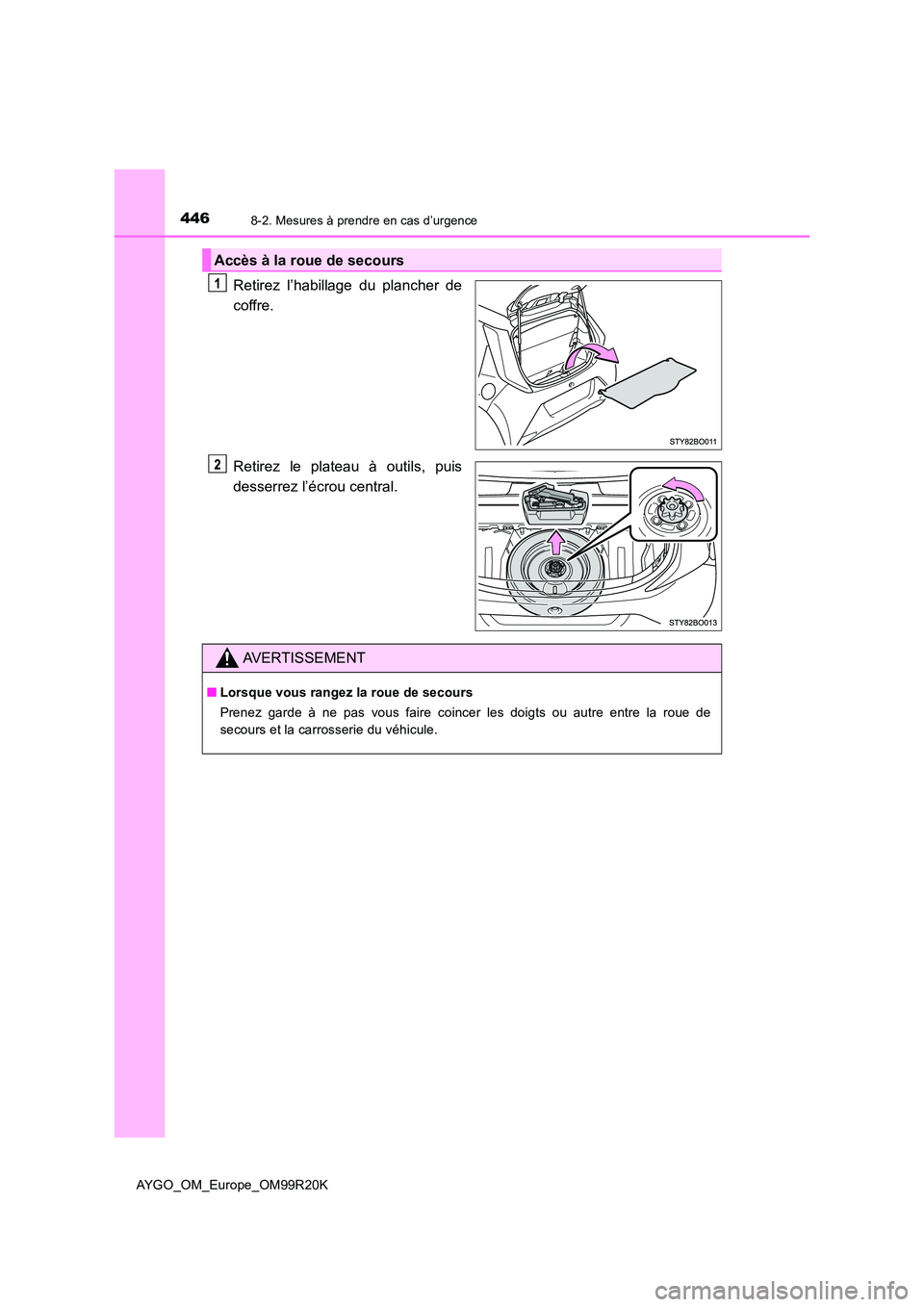 TOYOTA AYGO 2019  Notices Demploi (in French) 4468-2. Mesures à prendre en cas d’urgence
AYGO_OM_Europe_OM99R20K
Retirez l’habillage du plancher de 
coffre. 
Retirez le plateau à outils, puis 
desserrez l’écrou central.
Accès à la roue