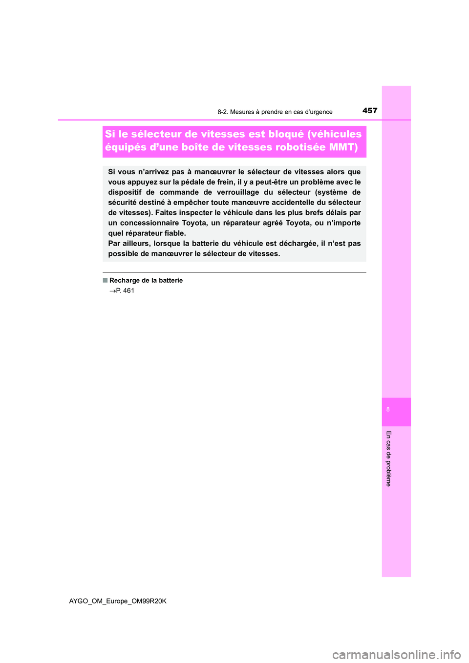 TOYOTA AYGO 2019  Notices Demploi (in French) 4578-2. Mesures à prendre en cas d’urgence
8
En cas de problème
AYGO_OM_Europe_OM99R20K
Si le sélecteur de vitesses est bloqué (véhicules  
équipés d’une boîte de vitesses robotisée MMT)
