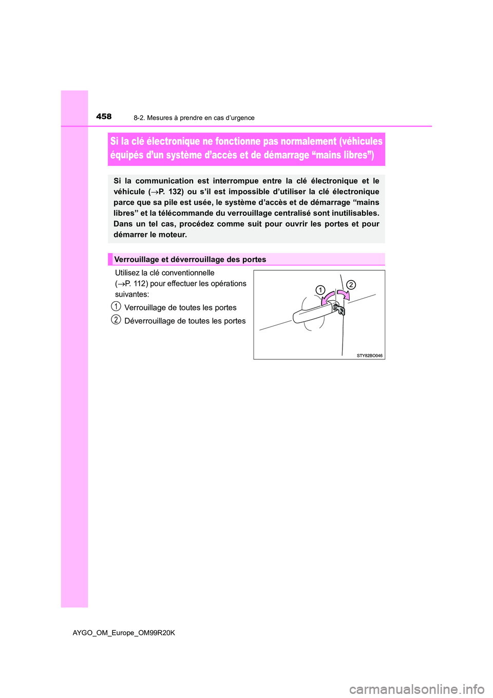 TOYOTA AYGO 2019  Notices Demploi (in French) 4588-2. Mesures à prendre en cas d’urgence
AYGO_OM_Europe_OM99R20K
Si la clé électronique ne fonctionne pas normalement (véhicules  
équipés d’un système d’accès et de démarrage “main