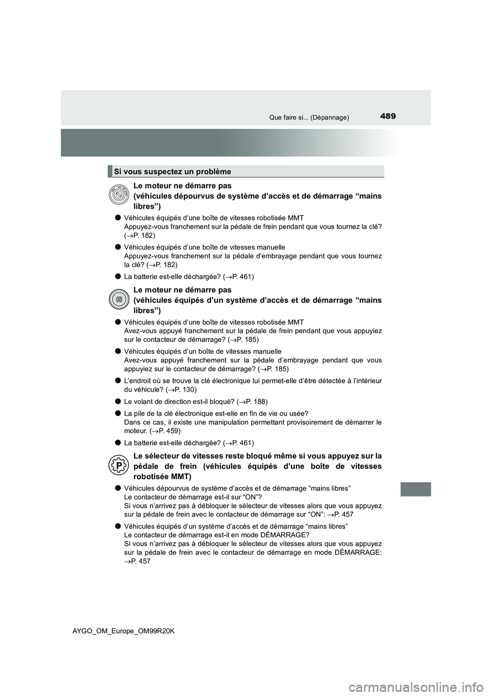 TOYOTA AYGO 2019  Notices Demploi (in French) 489Que faire si... (Dépannage)
AYGO_OM_Europe_OM99R20K
●Véhicules équipés d’une boîte de vitesses robotisée MMT 
Appuyez-vous franchement sur la pédale de frein pendant que vous tournez la 