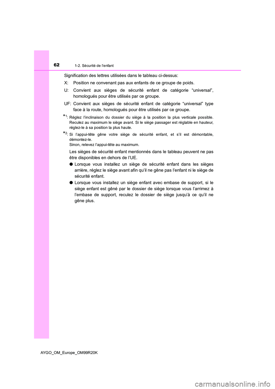 TOYOTA AYGO 2019  Notices Demploi (in French) 621-2. Sécurité de l’enfant
AYGO_OM_Europe_OM99R20K
Signification des lettres utilisées dans le tableau ci-dessus: 
X: Position ne convenant pas aux enfants de ce groupe de poids. 
U: Convient au