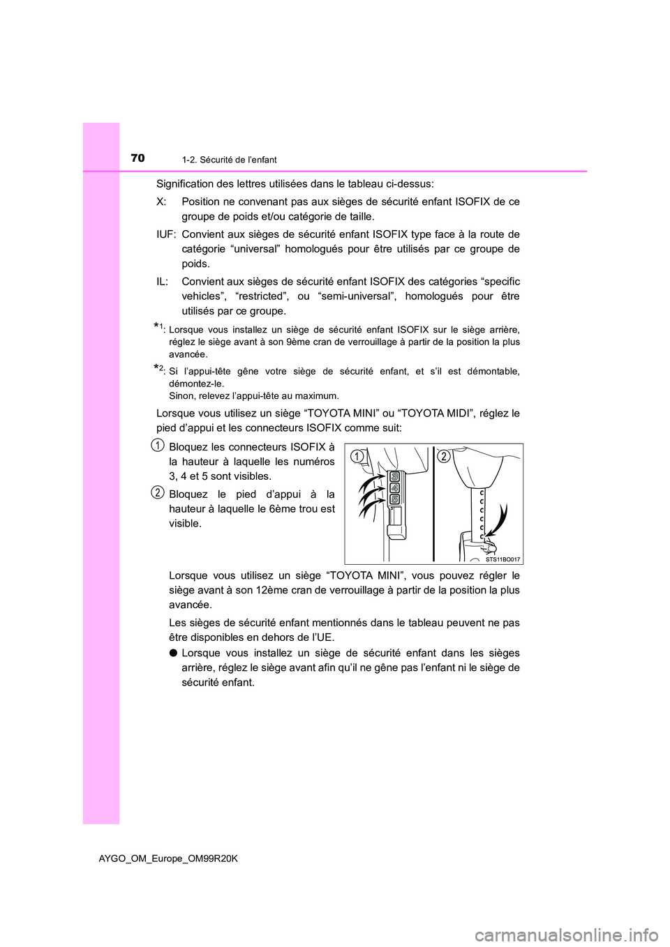 TOYOTA AYGO 2019  Notices Demploi (in French) 701-2. Sécurité de l’enfant
AYGO_OM_Europe_OM99R20K
Signification des lettres utilisées dans le tableau ci-dessus: 
X: Position ne convenant pas aux sièges de sécurité enfant ISOFIX de ce 
gro