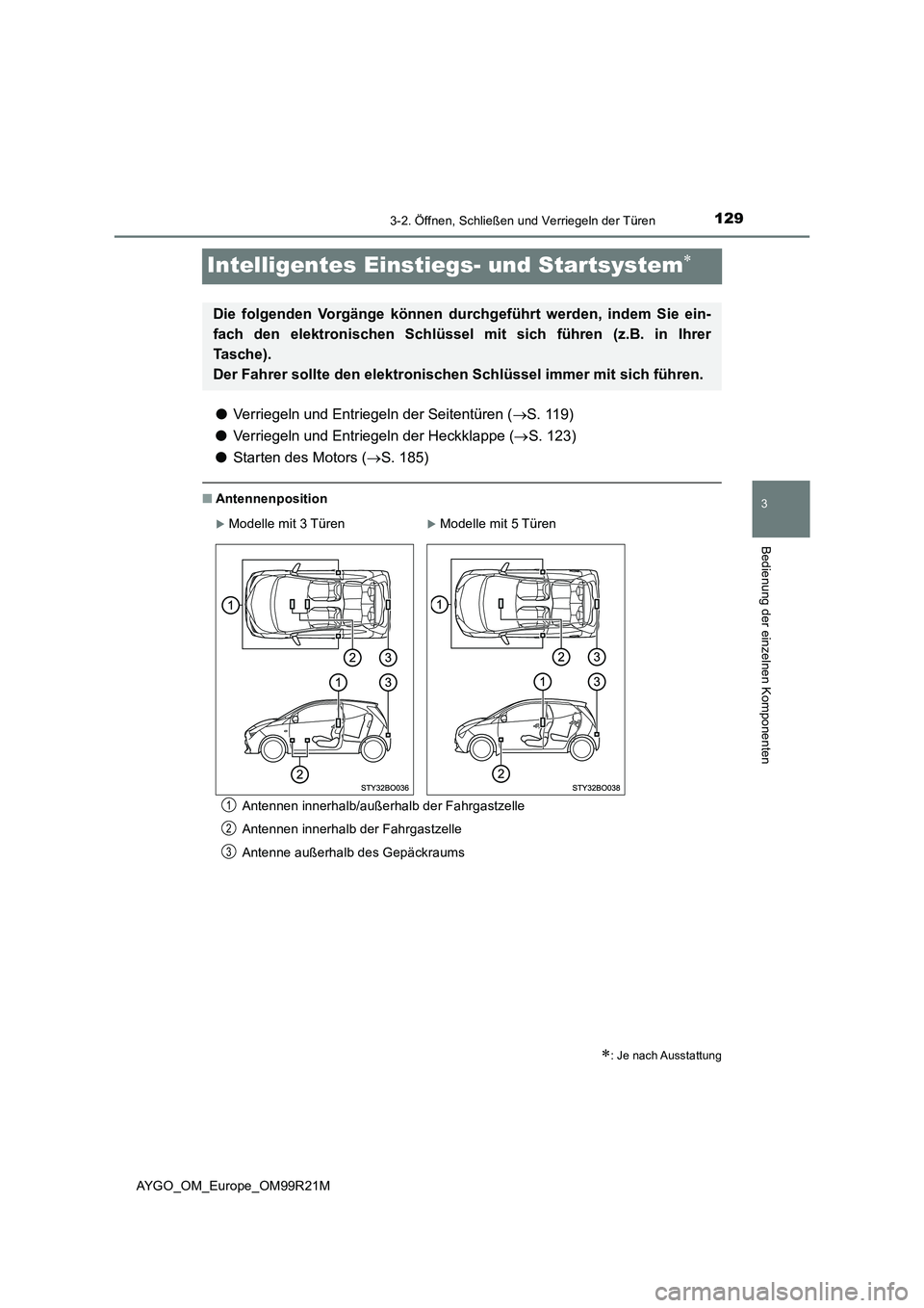 TOYOTA AYGO 2019  Betriebsanleitungen (in German) 129
3
3-2. Öffnen, Schließen und Verriegeln der Türen
Bedienung der einzelnen Komponenten
AYGO_OM_Europe_OM99R21M
Intelligentes Einstiegs- und Startsystem
●Verriegeln und Entriegeln der Seiten