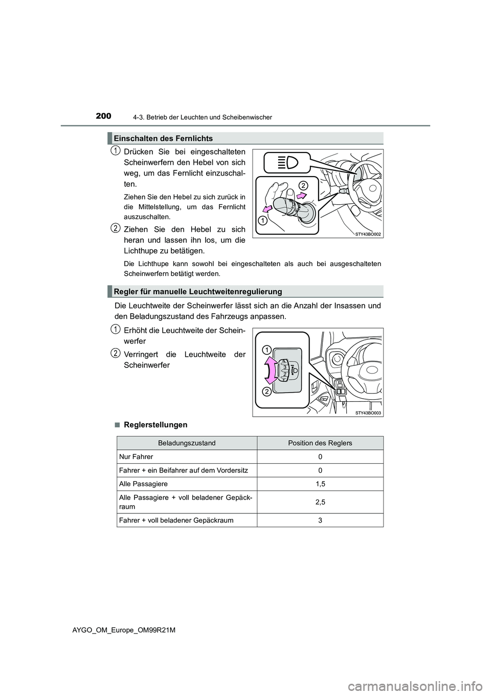 TOYOTA AYGO 2019  Betriebsanleitungen (in German) 2004-3. Betrieb der Leuchten und Scheibenwischer
AYGO_OM_Europe_OM99R21M
Drücken Sie bei eingeschalteten 
Scheinwerfern den Hebel von sich
weg, um das Fernlicht einzuschal- 
ten. 
Ziehen Sie den Hebe