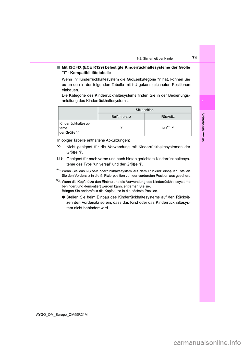 TOYOTA AYGO 2019 Betriebsanleitungen (in German) 711-2. Sicherheit der Kinder
1
Sicherheitshinweise
AYGO_OM_Europe_OM99R21M
■Mit ISOFIX (ECE R129) befestigte Kinderrückhaltesysteme der Größe
“i” - Kompatibilitätstabelle
Wenn Ihr Kinderr TOYOTA AYGO 2019 Betriebsanleitungen (in German) 711-2. Sicherheit der Kinder
1
Sicherheitshinweise
AYGO_OM_Europe_OM99R21M
■Mit ISOFIX (ECE R129) befestigte Kinderrückhaltesysteme der Größe
“i” - Kompatibilitätstabelle
Wenn Ihr Kinderr