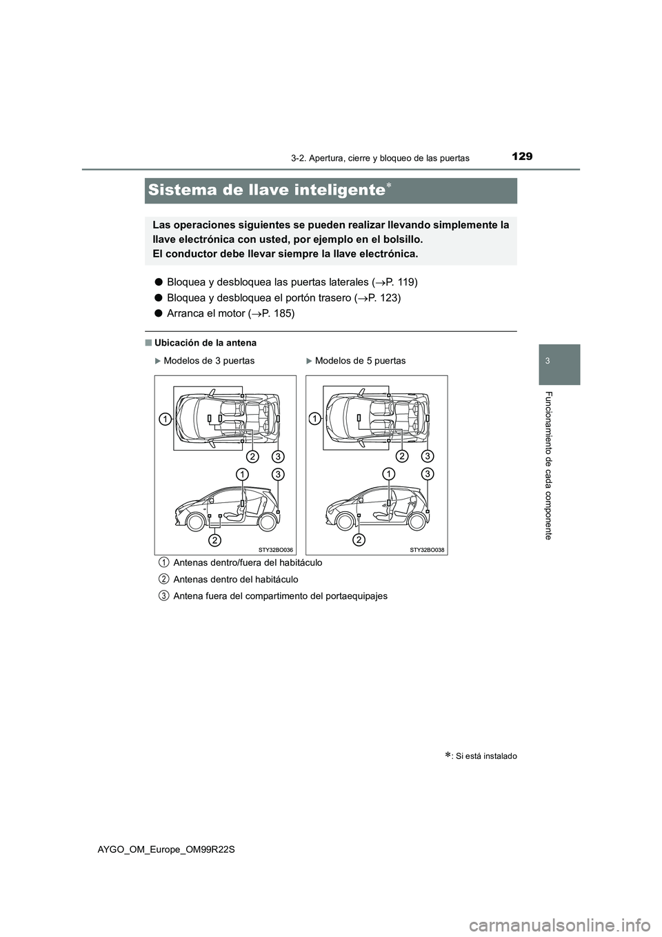 TOYOTA AYGO 2019  Manuale de Empleo (in Spanish) 129
3
3-2. Apertura, cierre y bloqueo de las puertas
Funcionamiento de cada componente
AYGO_OM_Europe_OM99R22S
Sistema de llave inteligente
●Bloquea y desbloquea las puertas laterales (P. 119)