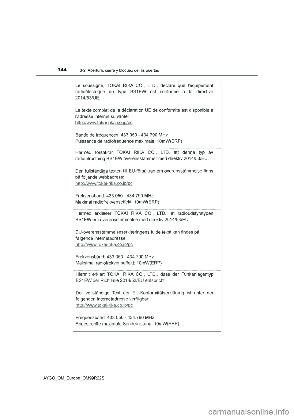 TOYOTA AYGO 2019  Manuale de Empleo (in Spanish) 1443-2. Apertura, cierre y bloqueo de las puertas
AYGO_OM_Europe_OM99R22S 