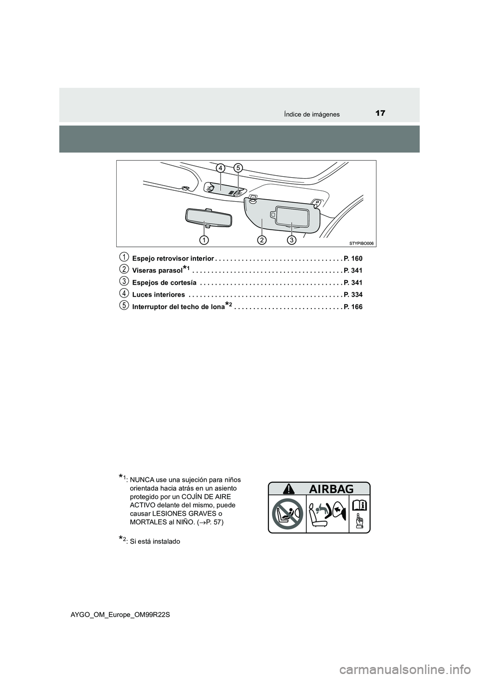 TOYOTA AYGO 2019  Manuale de Empleo (in Spanish) 17Índice de imágenes
AYGO_OM_Europe_OM99R22S 
Espejo retrovisor interior . . . . . . . . . . . . . . . . . . . . . . . . . . . . . . . . . . P. 160 
Viseras parasol*1 . . . . . . . . . . . . . . . .