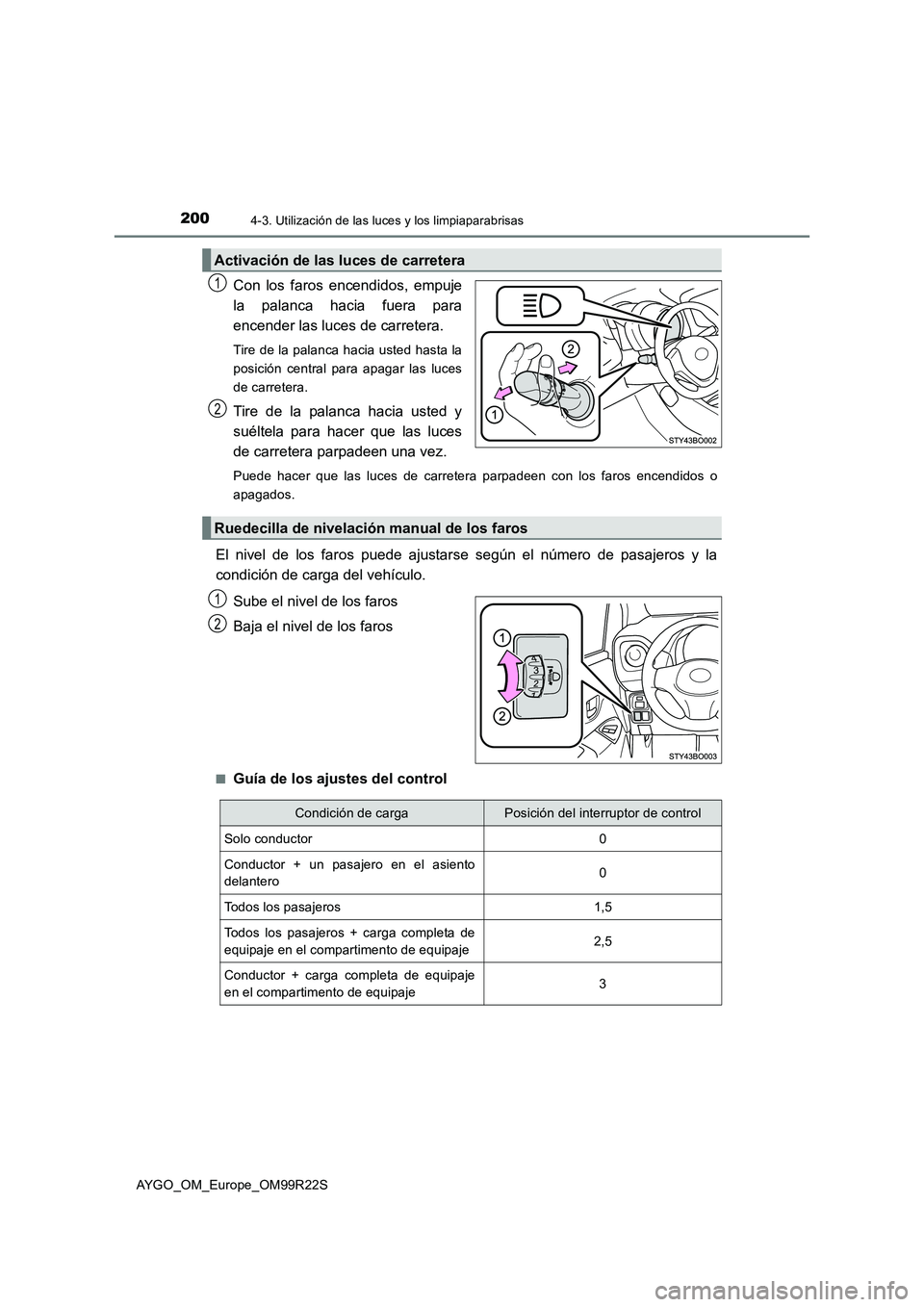 TOYOTA AYGO 2019 Manuale de Empleo (in Spanish) 2004-3. Utilización de las luces y los limpiaparabrisas
AYGO_OM_Europe_OM99R22S
Con los faros encendidos, empuje
la palanca hacia fuera para
encender las luces de carretera.
Tire de la palanca haci TOYOTA AYGO 2019 Manuale de Empleo (in Spanish) 2004-3. Utilización de las luces y los limpiaparabrisas
AYGO_OM_Europe_OM99R22S
Con los faros encendidos, empuje
la palanca hacia fuera para
encender las luces de carretera.
Tire de la palanca haci