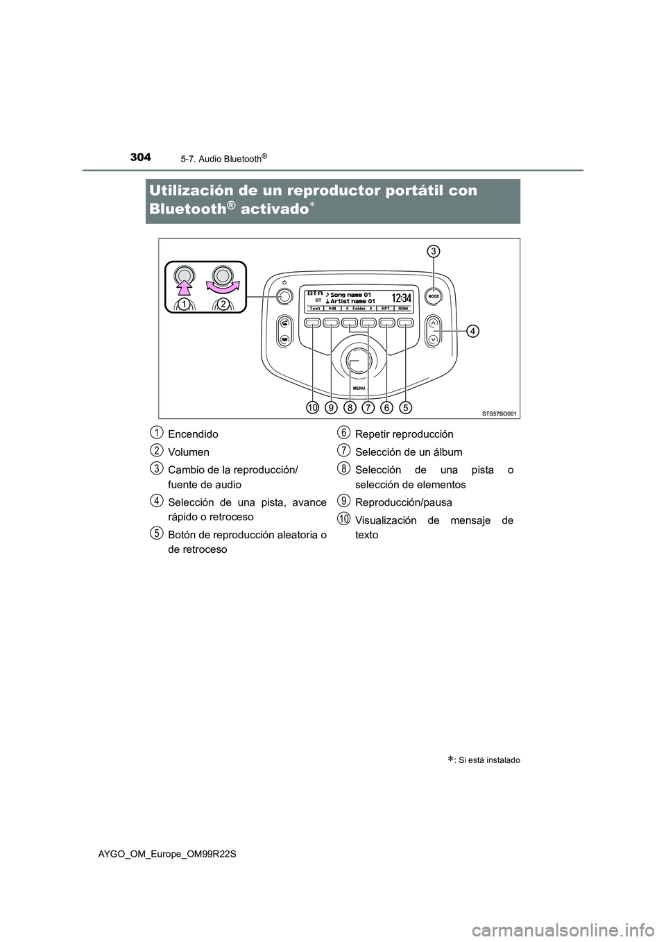 TOYOTA AYGO 2019  Manuale de Empleo (in Spanish) 3045-7. Audio Bluetooth®
AYGO_OM_Europe_OM99R22S
Utilización de un reproductor portátil con  
Bluetooth® activado
: Si está instalado
Encendido 
Volumen
Cambio de la reproducción/ 
fuente 