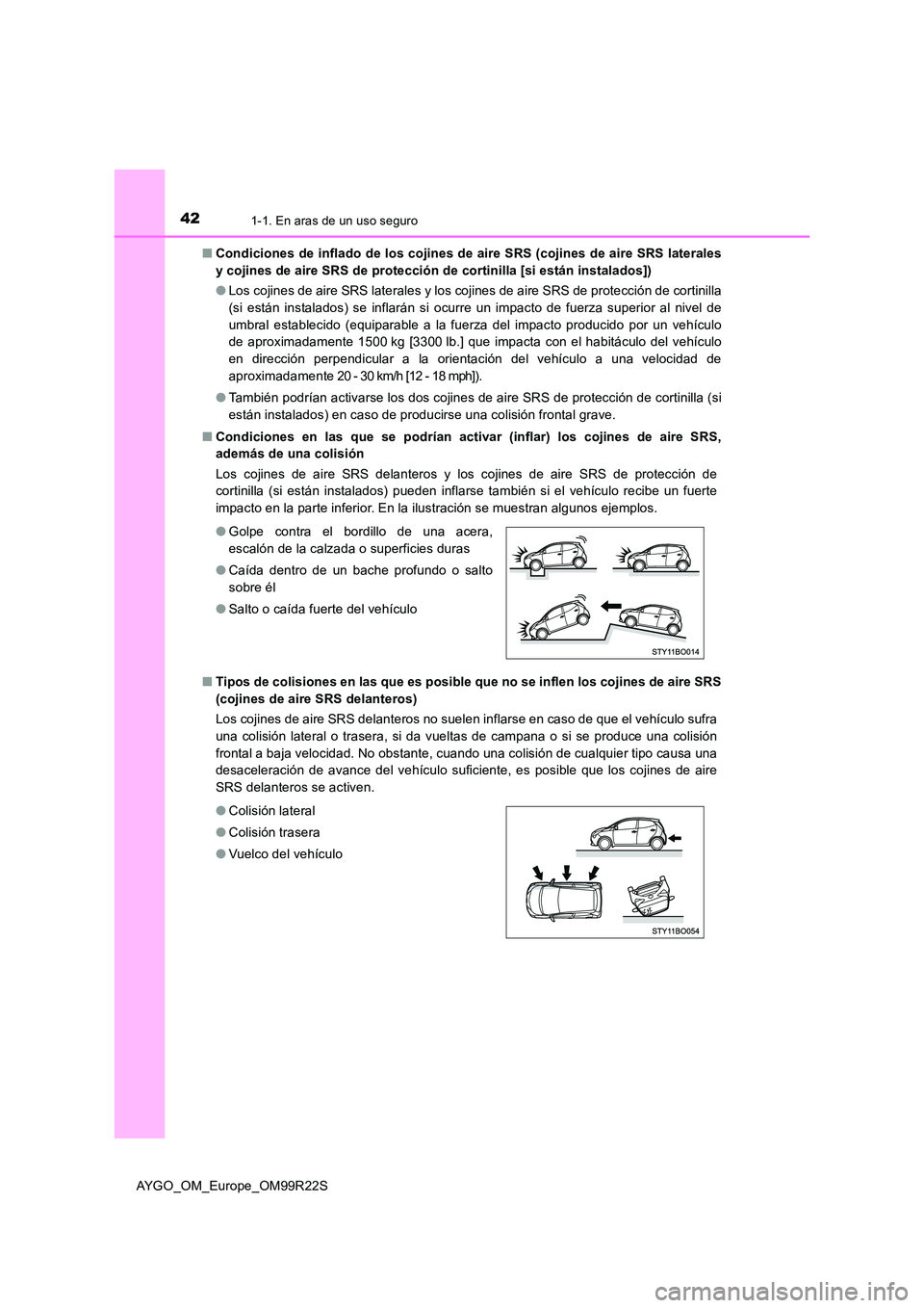 TOYOTA AYGO 2019  Manuale de Empleo (in Spanish) 421-1. En aras de un uso seguro
AYGO_OM_Europe_OM99R22S 
■ Condiciones de inflado de los cojines de aire SRS (cojines de aire SRS laterales 
y cojines de aire SRS de protección de cortinilla [si es