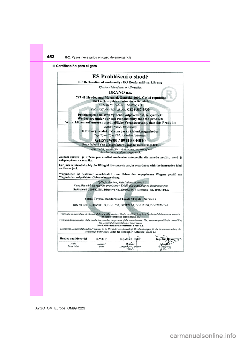 TOYOTA AYGO 2019  Manuale de Empleo (in Spanish) 4528-2. Pasos necesarios en caso de emergencia
AYGO_OM_Europe_OM99R22S 
■ Certificación para el gato 
