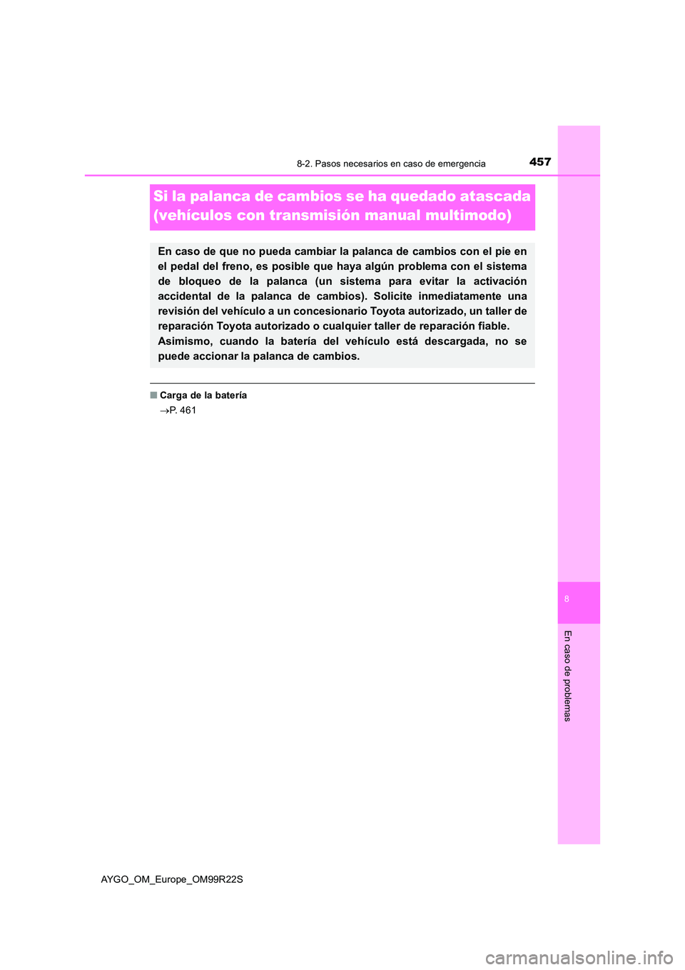 TOYOTA AYGO 2019  Manuale de Empleo (in Spanish) 4578-2. Pasos necesarios en caso de emergencia
8
En caso de problemas
AYGO_OM_Europe_OM99R22S
Si la palanca de cambios se ha quedado atascada  
(vehículos con transmisión manual multimodo)
■ Carga