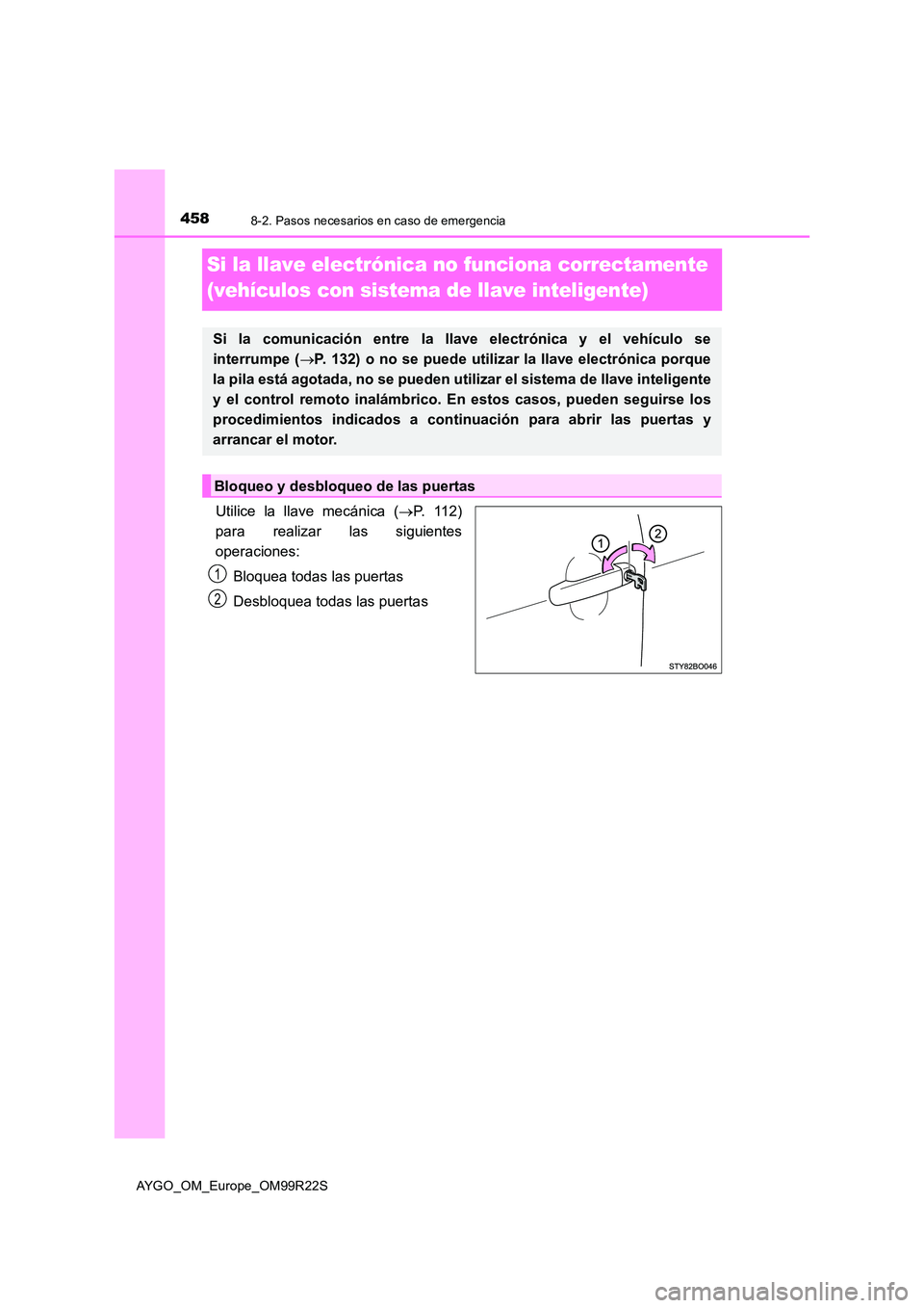 TOYOTA AYGO 2019  Manuale de Empleo (in Spanish) 4588-2. Pasos necesarios en caso de emergencia
AYGO_OM_Europe_OM99R22S
Si la llave electrónica no funciona correctamente  
(vehículos con sistema de llave inteligente)
Utilice la llave mecánica ( 