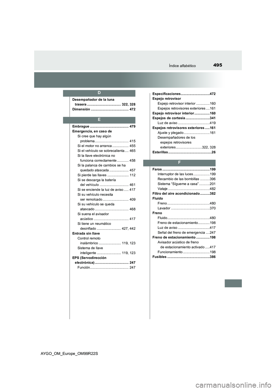 TOYOTA AYGO 2019  Manuale de Empleo (in Spanish) 495Índice alfabético
AYGO_OM_Europe_OM99R22S
Desempañador de la luna  
trasera ................................... 322, 328 
Dimensión ....................................... 472 
Embrague .......