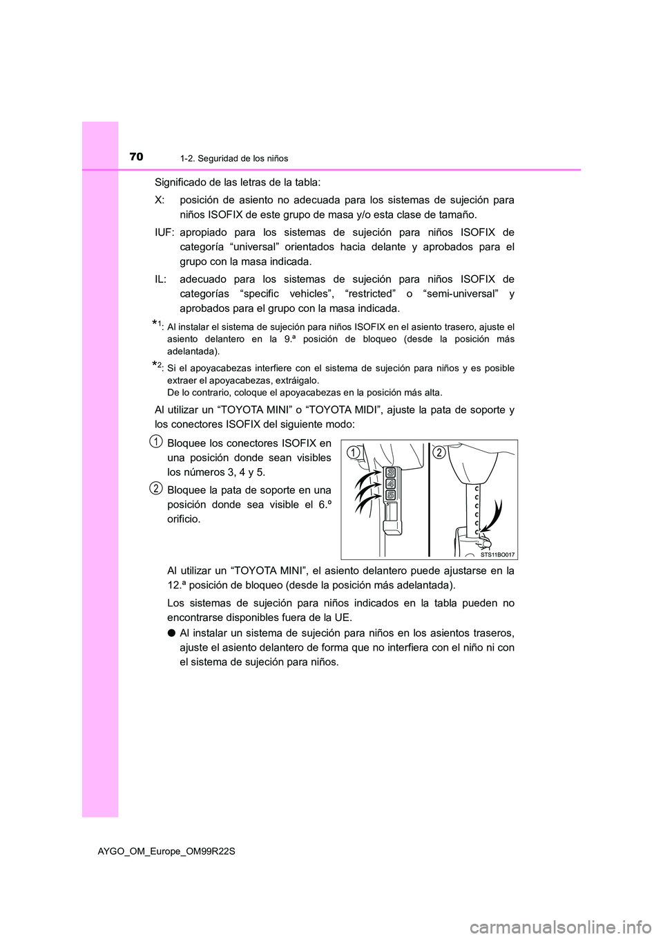 TOYOTA AYGO 2019  Manuale de Empleo (in Spanish) 701-2. Seguridad de los niños
AYGO_OM_Europe_OM99R22S
Significado de las letras de la tabla: 
X: posición de asiento no adecuada para los sistemas de sujeción para 
niños ISOFIX de este grupo de m