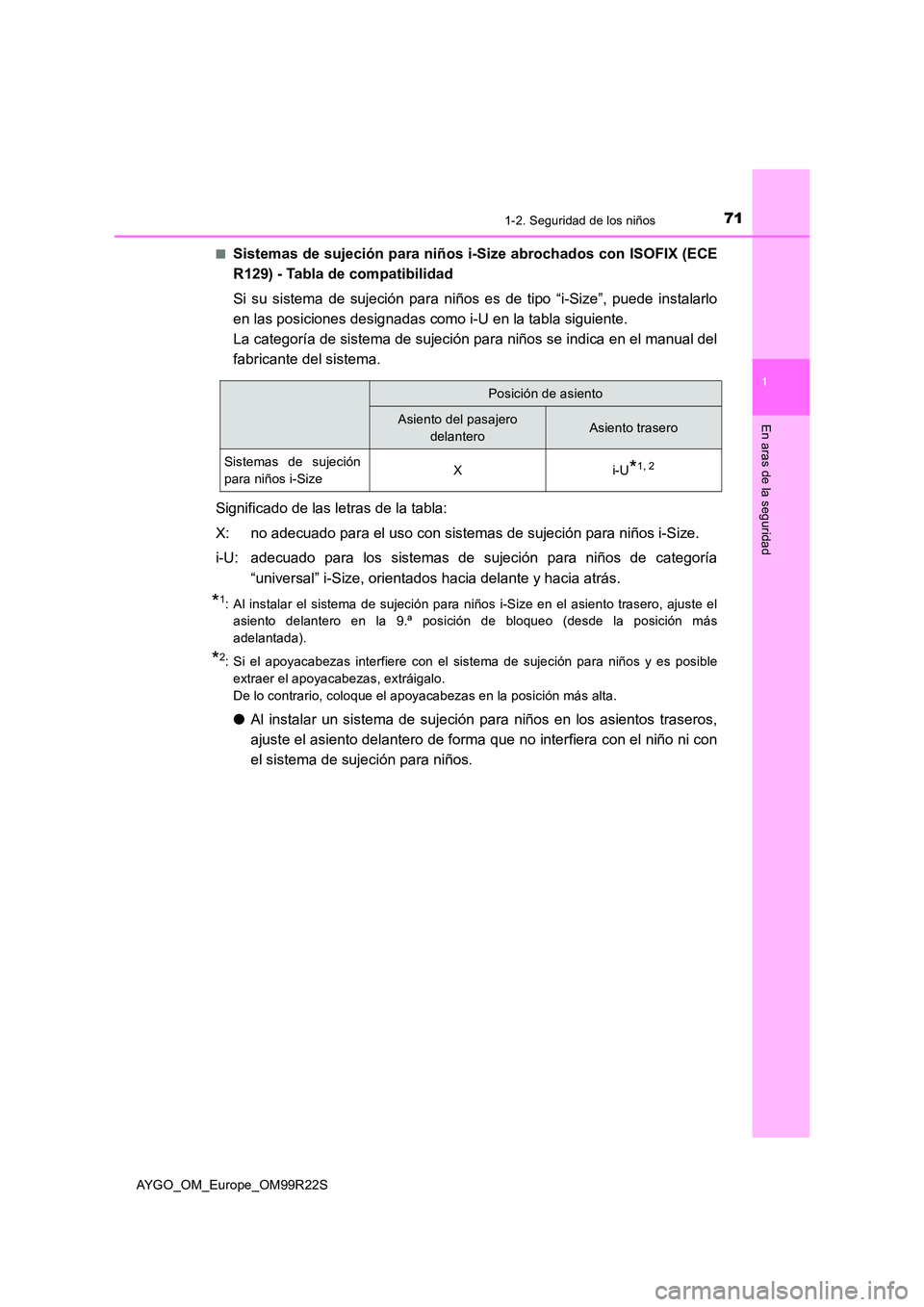 TOYOTA AYGO 2019  Manuale de Empleo (in Spanish) 711-2. Seguridad de los niños
1
En aras de la seguridad
AYGO_OM_Europe_OM99R22S 
■Sistemas de sujeción para niños i- Size abrochados con ISOFIX (ECE 
R129) - Tabla de compatibilidad 
Si su sistem