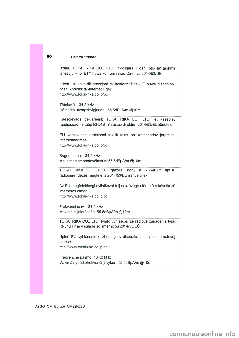 TOYOTA AYGO 2019  Manuale de Empleo (in Spanish) 801-3. Sistema antirrobo
AYGO_OM_Europe_OM99R22S 