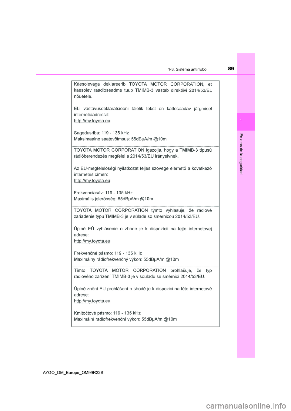 TOYOTA AYGO 2019  Manuale de Empleo (in Spanish) 891-3. Sistema antirrobo
1
En aras de la seguridad
AYGO_OM_Europe_OM99R22S 
