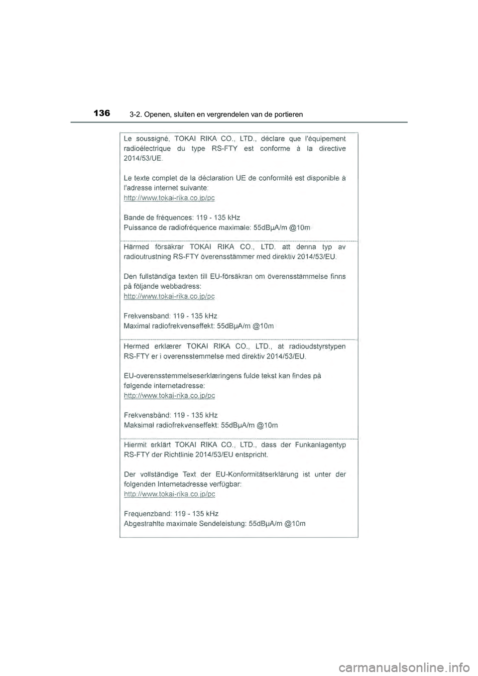 TOYOTA AYGO 2019  Instructieboekje (in Dutch) 1363-2. Openen, sluiten en vergrendelen van de portieren
AYGO_OM_Europe_OM99R19E
AYGO_OM_Europe_OM99R19E.book  Page 136  Friday, February 16, 2018  4:26 PM 