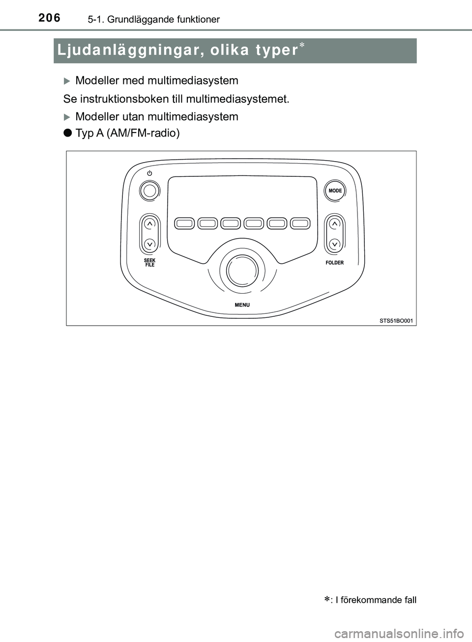 TOYOTA AYGO 2019  Bruksanvisningar (in Swedish) 2065-1. Grundläggande funktioner
AYGO_OM_Europe_OM99R19SE
Ljudanläggningar, olika typer
Modeller med multimediasystem
Se instruktionsboken till multimediasystemet.
Modeller utan multimedias