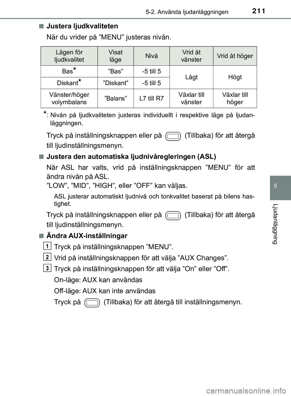 TOYOTA AYGO 2019  Bruksanvisningar (in Swedish) 2115-2. Använda ljudanläggningen
5
Ljudanläggning
AYGO_OM_Europe_OM99R19SEn
Justera ljudkvaliteten
När du vrider på ”MENU” justeras nivån.
*: Nivån på ljudkvaliteten justeras individuellt 