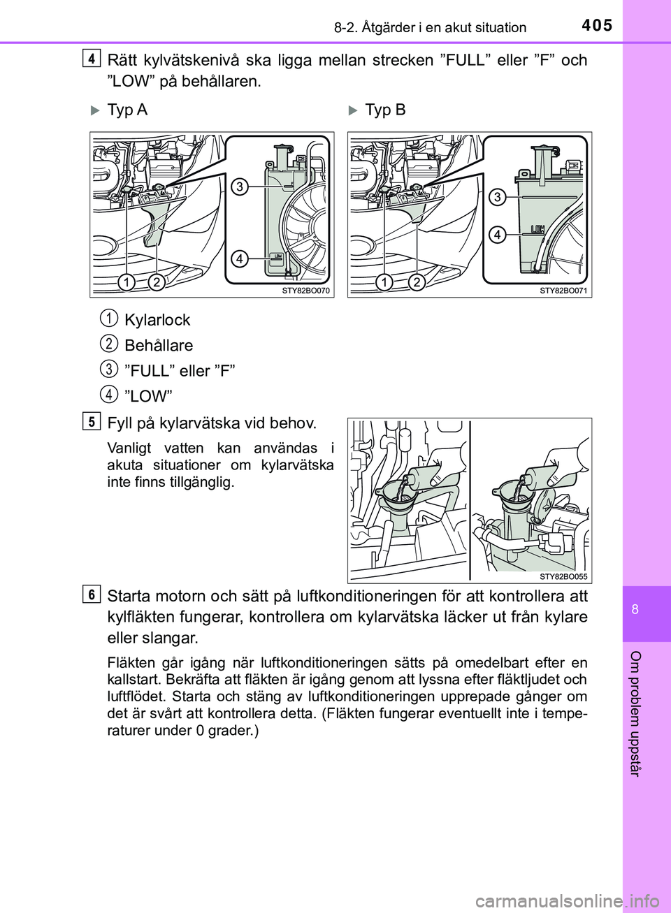 TOYOTA AYGO 2019  Bruksanvisningar (in Swedish) 4058-2. Åtgärder i en akut situation
8
Om problem uppstår
AYGO_OM_Europe_OM99R19SE
Rätt kylvätskenivå ska ligga mellan strecken ”FULL” eller ”F” och
”LOW” på behållaren.Kylarlock
B