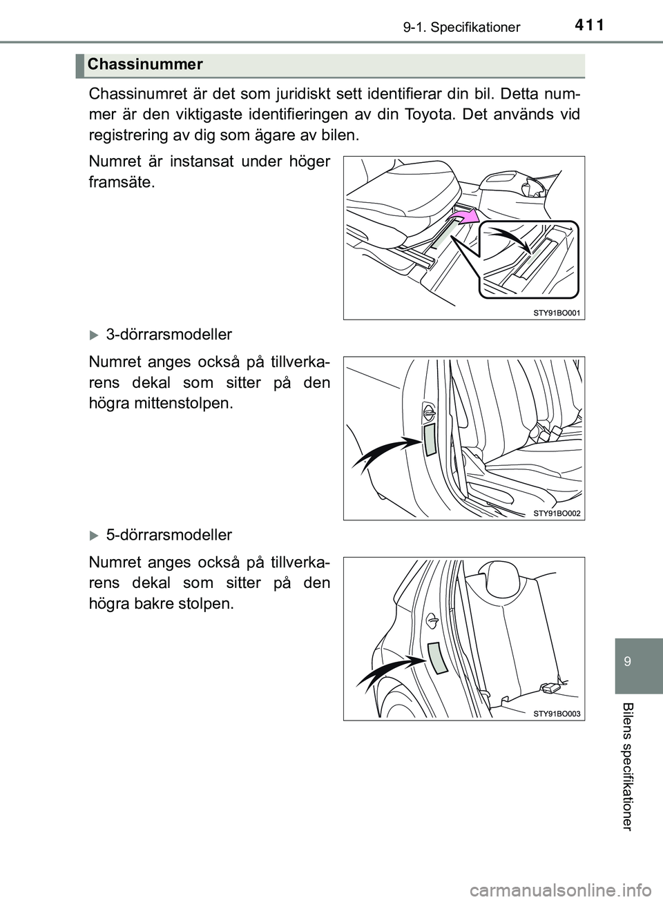 TOYOTA AYGO 2019  Bruksanvisningar (in Swedish) 4119-1. Specifikationer
9
Bilens specifikationer
AYGO_OM_Europe_OM99R19SE
Chassinumret är det som juridiskt sett identifierar din bil. Detta num-
mer är den viktigaste identifieringen av din Toyota.