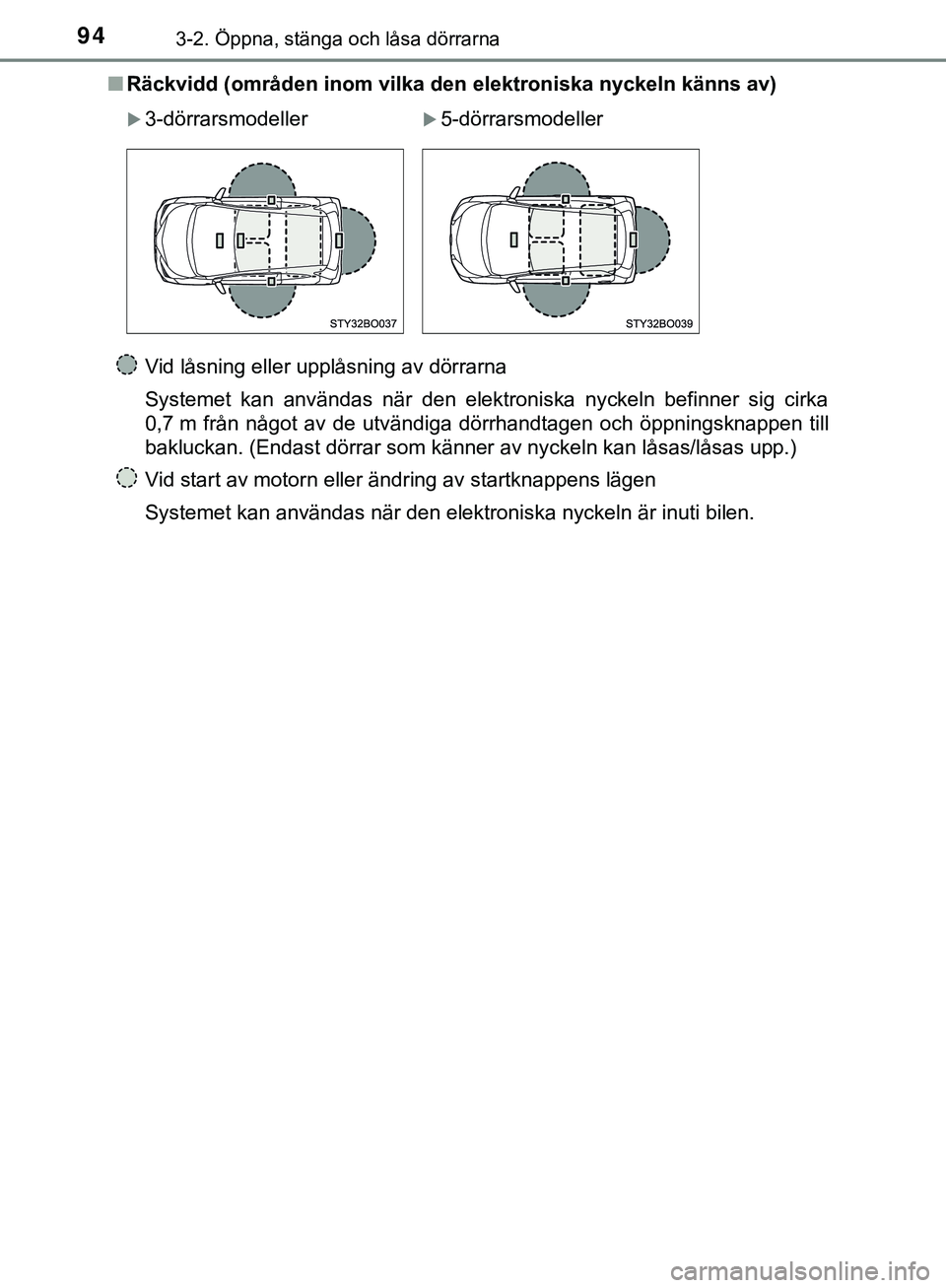 TOYOTA AYGO 2019  Bruksanvisningar (in Swedish) 943-2. Öppna, stänga och låsa dörrarna
AYGO_OM_Europe_OM99R19SEn
Räckvidd (områden inom vilka den elektroniska nyckeln känns av)
Vid låsning eller upplåsning av dörrarna
Systemet kan använd