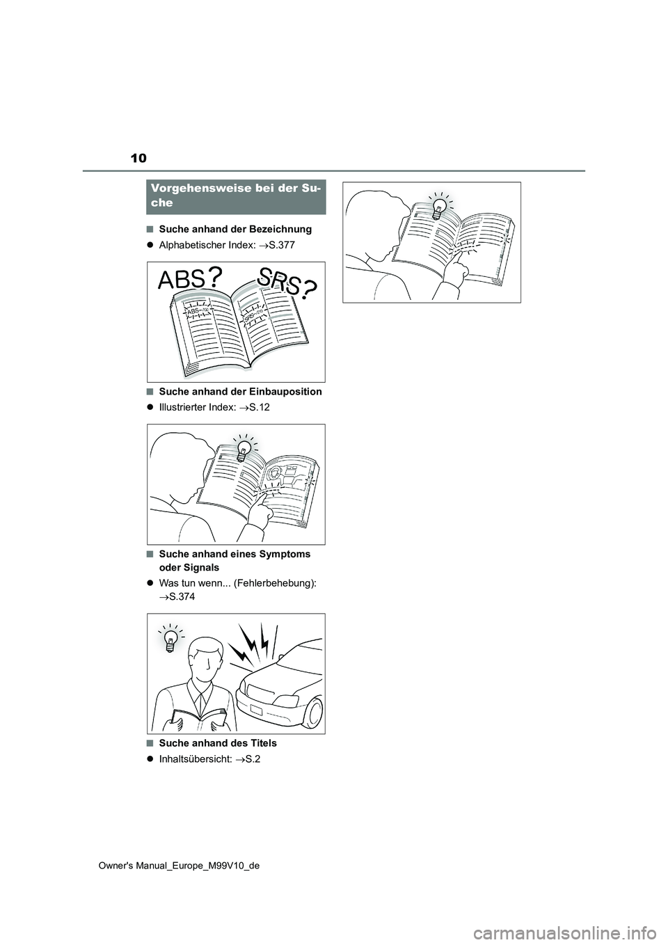 TOYOTA AYGO X 2022  Betriebsanleitungen (in German) 10
Owner's Manual_Europe_M99V10_de 
■Suche anhand der Bezeichnung 
 Alphabetischer Index: S.377
■Suche anhand der Einbauposition 
 Illustrierter Index: S.12
■Suche anhand eines S