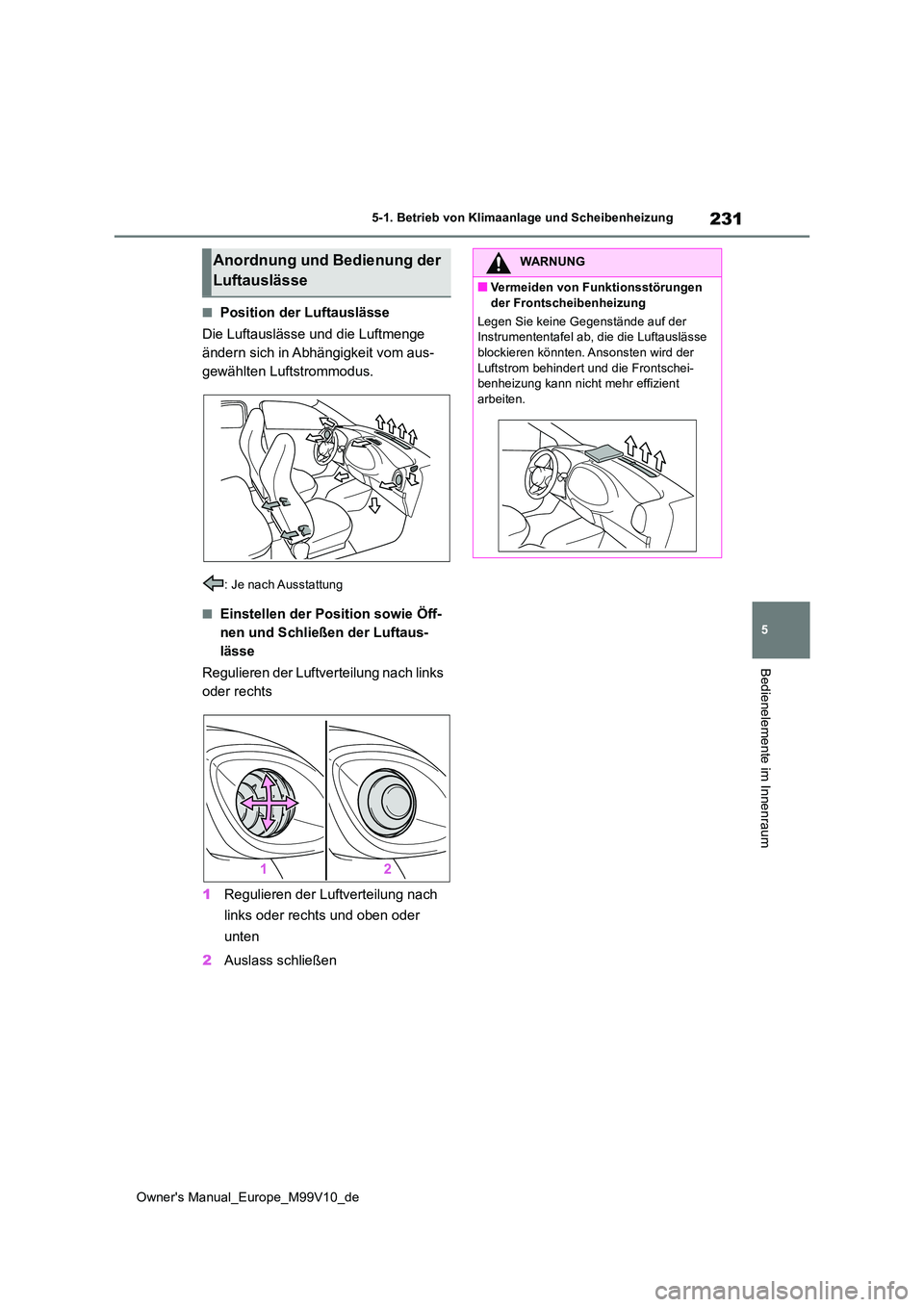 TOYOTA AYGO X 2022  Betriebsanleitungen (in German) 231
5
Owner's Manual_Europe_M99V10_de
5-1. Betrieb von Klimaanlage und Scheibenheizung
Bedienelemente im Innenraum
■Position der Luftauslässe 
Die Luftauslässe und die Luftmenge  
ändern sich