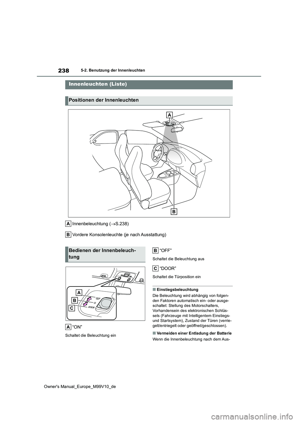 TOYOTA AYGO X 2022  Betriebsanleitungen (in German) 238
Owner's Manual_Europe_M99V10_de
5-2. Benutzung der Innenleuchten
5-2.Benutzun g d er Innenleu chten
Innenbeleuchtung (S.238) 
Vordere Konsolenleuchte (je nach Ausstattung) 
“ON”
Schalte