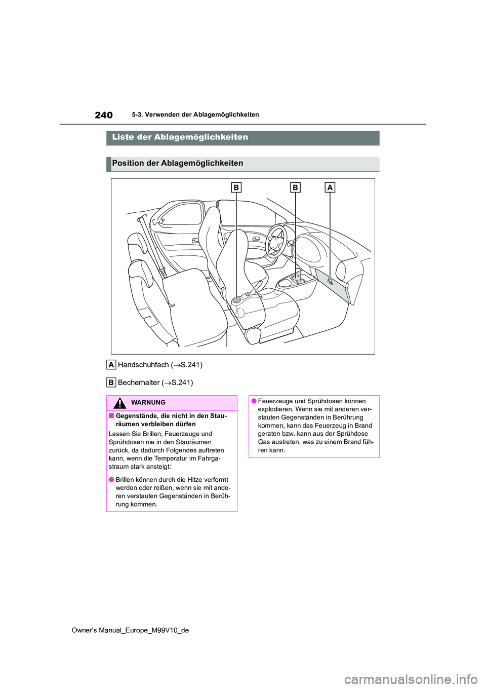 TOYOTA AYGO X 2022  Betriebsanleitungen (in German) 240
Owner's Manual_Europe_M99V10_de
5-3. Verwenden der Ablagemöglichkeiten
5-3.Verwende n d er Ab lag emöglic hkeite n
Handschuhfach (S.241) 
Becherhalter ( S.241)
Liste der Ablagemöglich